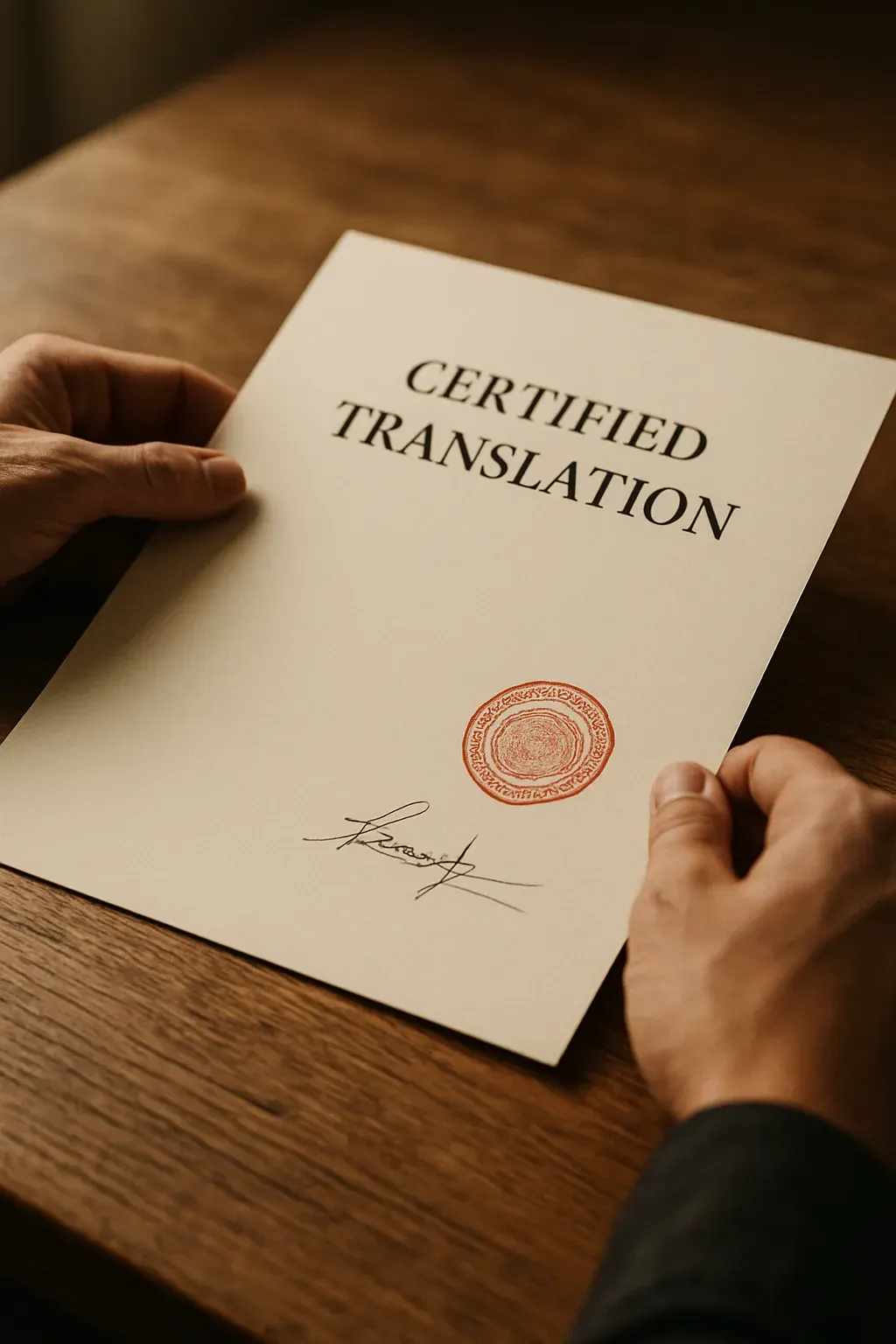 A stamped, signed document being handed across a desk