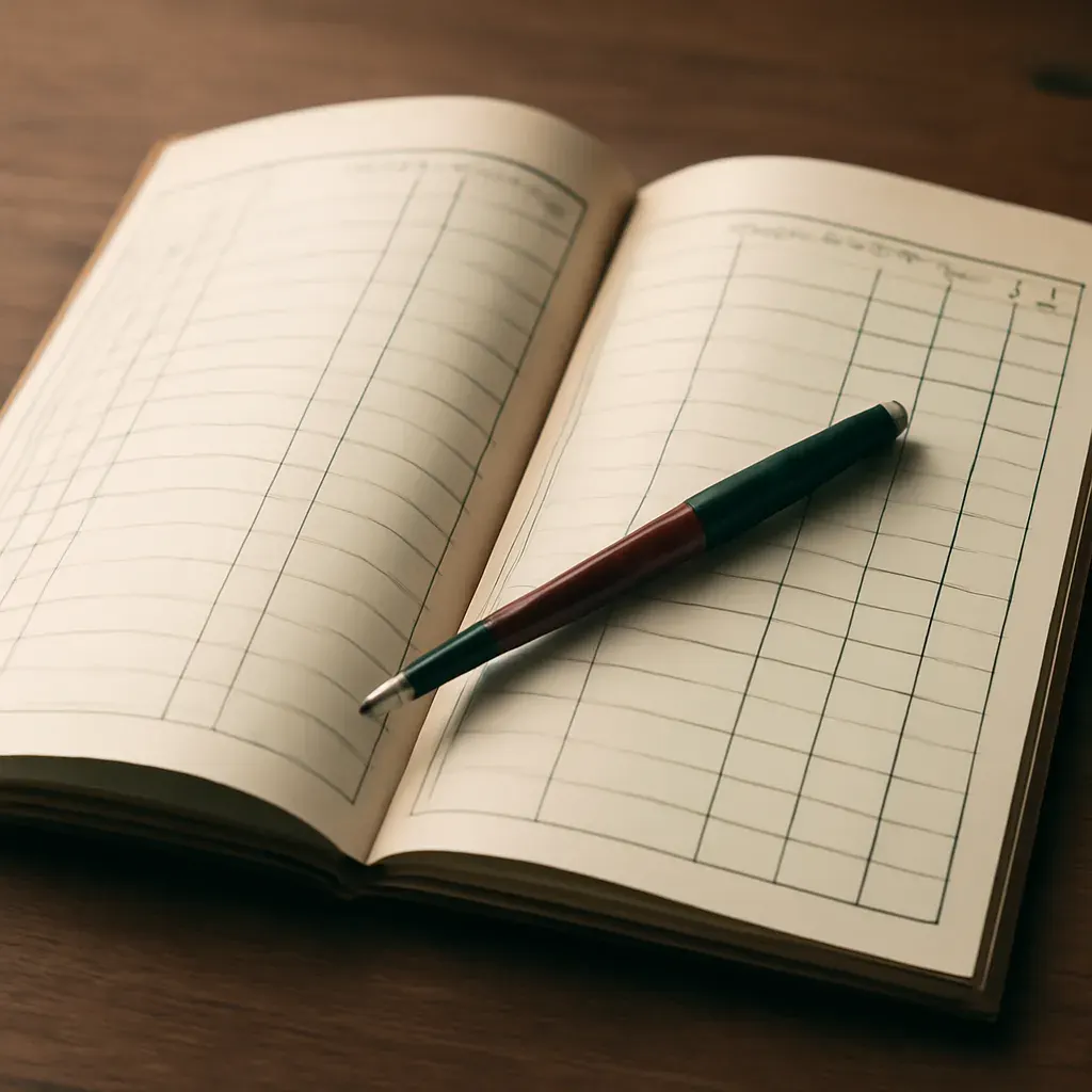 An open ledger and invoice book with a pen